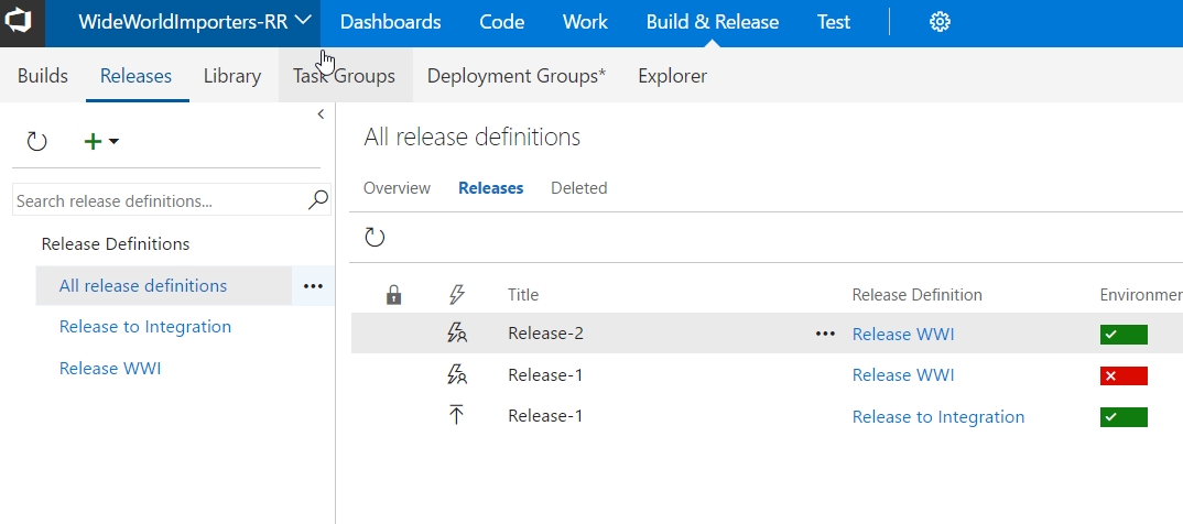 On the Build & Release menu, on the Releases tab, in the left pane, All release definitions is selected. In the right pane, under All release definitions, three releases display: Release-2 (with Release Definition Release WWI), Release-1 (with Release definition Release WWI), and Release-1 (with Release Definition Release to Integration). Release-2 and the second Release-1 (Release to Integration) display with green check marks. However, the first Release-1 (Release WWI), displays with a red X.